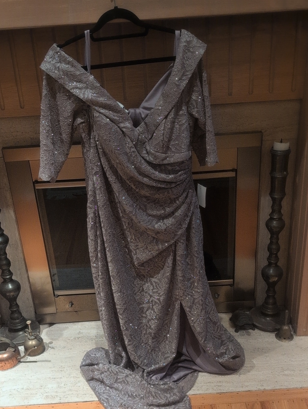Oleg Cassini Shimmery Silver-Gray Off-Shoulder Draped Gown